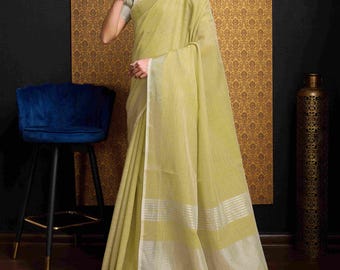 Lemon Yellow Linen Cotton Saree: Unstitched Blouse, Indian Sari