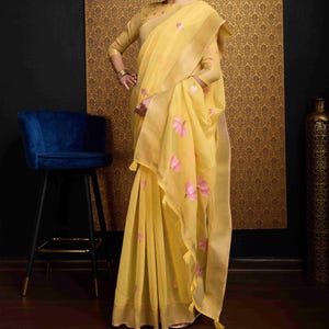 Trendy Elegant Linen Cotton Saree for women, Flower Weaving Saree, Bridesmaids Sarees, Yellow Wedding Haldi Sarees for women, Bridal Sari
