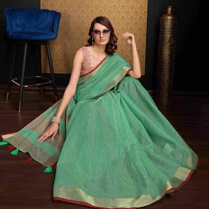 Crafts Linen Cotton Saree for women, Floral Sari with Blouse, Bridesmaids Sarees, Diwali Sarees for women