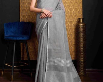 Floral Linen Cotton Saree with Unstitched Blouse, Indian Festive Saree for Women