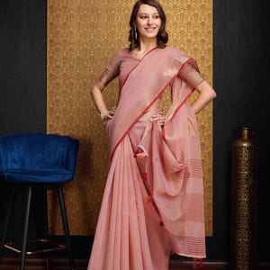 Floral Linen Cotton Saree with Unstitched Blouse : Handcrafted Weaving
