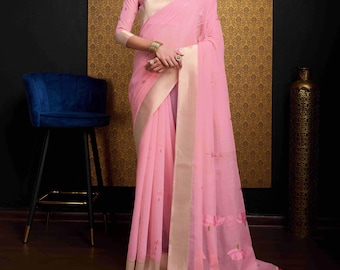 Baby Pink Bridesmaids Saree with Blouse Floral Linen Cotton Saree