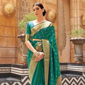 Teal Silk Saree with Stitched Blouse: Indian Wedding Party Wear