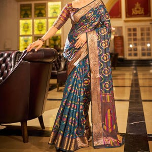 Sari de seda azul y naranja: tejido de zari, sari de novia para bodas indias
