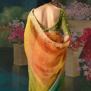 Multi color Fancy Saree with Handwork: Indian Wedding Saree, Reception Sangeet Party wear Sari