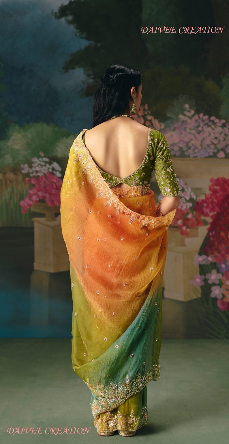 Multi color Fancy Saree with Handwork: Indian Wedding Saree, Reception Sangeet Party wear Sari