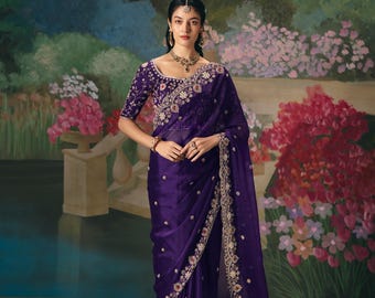Sari in seta velina fatto a mano, paillettes ricamate, matrimonio indiano