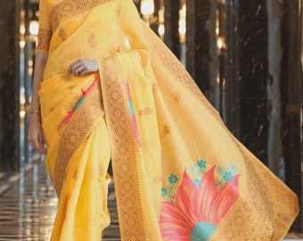 Yellow Linen Cotton Haldi Saree with Flower Border & Stitched Blouse
