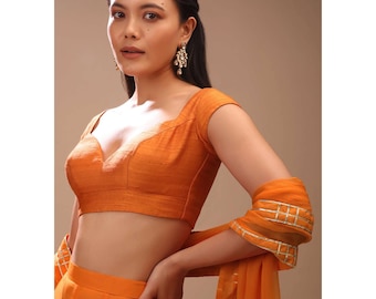 Handmade Orange Raw Silk Saree Blouse: Festive Indian Wedding Top
