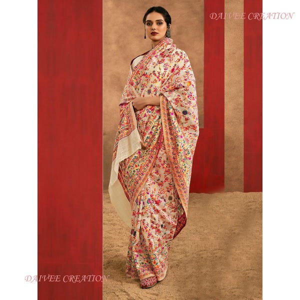 White Pashmina Silk Saree: Indian Wedding Sari for Women's wear