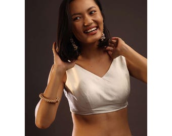 Handmade White Raw Silk Saree Blouse, Sleeveless V Neck