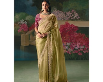 Handmade Tissue Silk Saree, Traditional Indian Wedding Bridal Wear