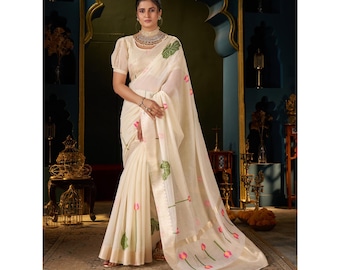 Elegant Jamdani Cotton Saree: Beutiful Cream color Occasion Party wear Saree for women