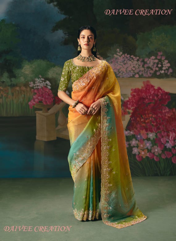 Multi color Fancy Saree with Handwork: Indian Wedding Saree, Reception Sangeet Party wear Sari