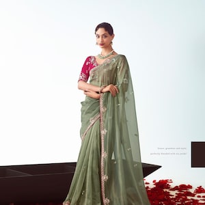 Embroidered Indian Wedding Saree: Sequins & Handwork, Unstitched