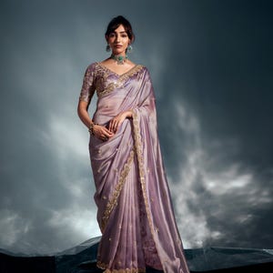 Saree en organza de tissu brodé à la main : tenue de fête de mariage indienne
