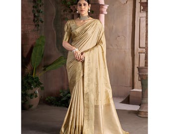 Handgemaakte sari van Banarasi Silk: Golden Zari Weaving, bruiloftsgast