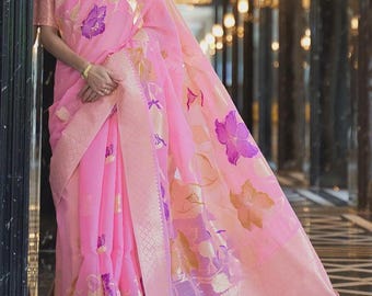 Pink Linen Saree : Indian Wedding Partywear, Festive, Diwali Saree