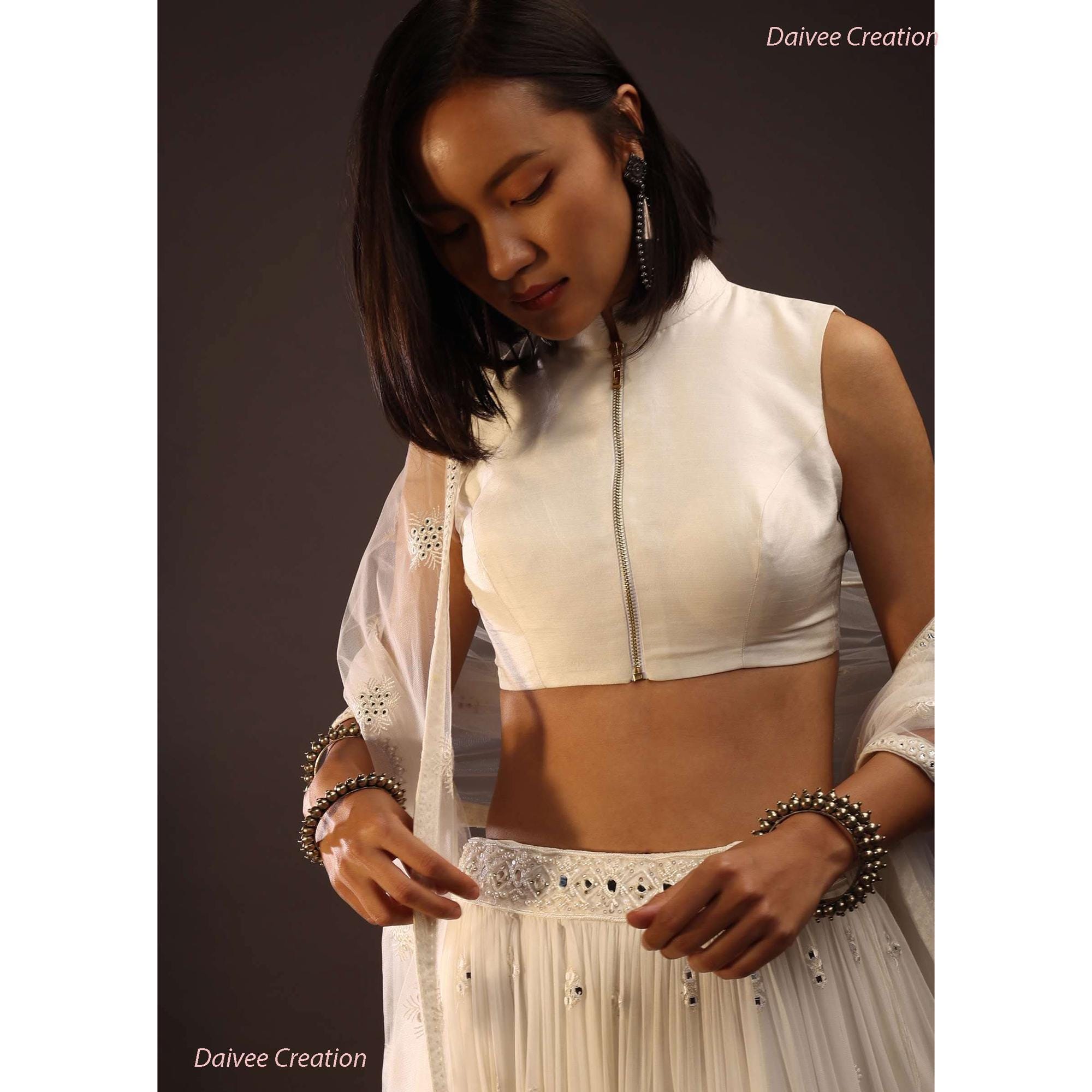Custom Made Raw Silk Blouse: High Neck Sleeveless Choli Top for Women
