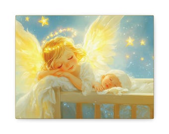 Op de afbeelding: Een canvas print met een serene scène van twee engelen. Eén engel, met gouden vleugels en een halo, rust op een wieg, terwijl een baby vredig slaapt. De achtergrond is zachtblauw met twinkelende sterren.