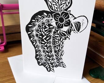 Handgemaakte linoprint bloemen/botanisch blanco/wens-/verjaardagskaarten