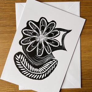 White Handmade Lino print Floral/ Botanical Blank/Greeting/Birthday cards