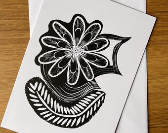 Witte handgemaakte linoprint bloemen/botanisch blanco/wens-/verjaardagskaarten