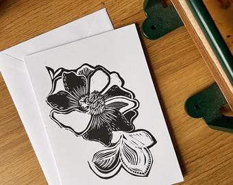 Handgemaakte linoprint bloemen/botanisch blanco/wens-/verjaardagskaarten