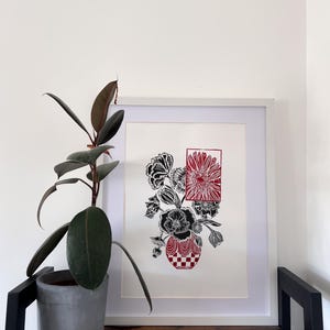Handmade Floral Linocut Print Original Wall art home decor flowers in a vase