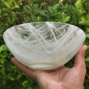 Hand-Carved Clear Quartz Crystal Bowl: Chakra Healing Decor