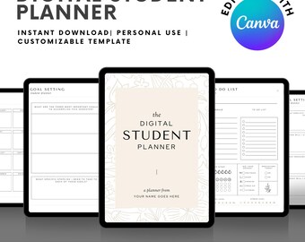 Peut inclure: Modèle de planificateur étudiant numérique affiché sur des tablettes. La couverture indique "The Digital Student Planner" avec un espace pour un nom. Le texte supplémentaire comprend "Téléchargement instantané | Usage personnel | Modèle personnalisable".