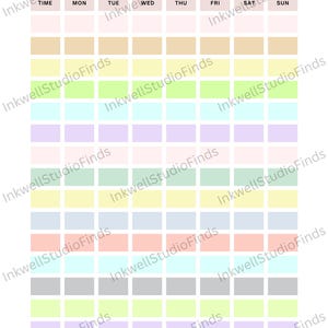 May include: A colorful weekly planner with the text "WEEKLY PLANNER" at the top. The planner features a grid layout with columns for each day of the week and rows of rectangular boxes in various pastel colors. The word "TIME" is at the top left.