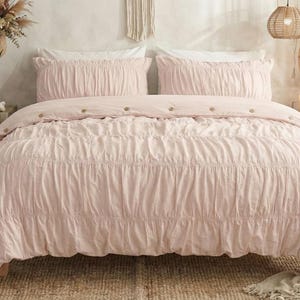 Peut inclure: Un ensemble de lit rose clair avec un motif ruché. La literie est sur un lit avec un tapis tissé et des objets décoratifs, dont un panier tressé, une plante en pot de terre cuite et des décorations murales tressées.