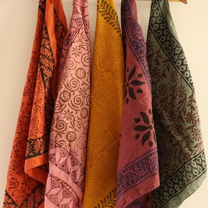 Block Print Cotton Bandana Set: Bohemian Neck Scarf, Handkerchief (Set of 5 Pieces)