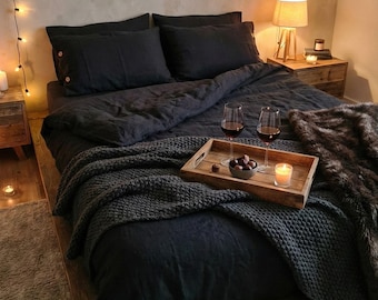 100% Natural Organic Linen Duvet Cover Set, 1 Duvet Cover and 2 Pillowcases, Available in Multiple Colors, Full Black Linen Duvet Cover