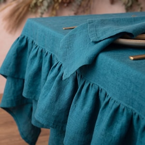 100% Linen Ruffled Tablecloth, Natural Linen Rectangular Tablecloth for the Kitchen, Handmade Teal Blue Tablecloth for the Dining Room