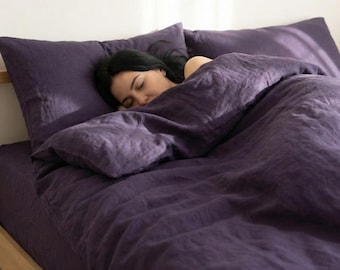 Linen Bedding Set in Dark purple Soft Washed Bedding with Coconut Buttons, Queen King Twin 100% Linen Duvet Cover, 3 Piece Linen Bedding Set