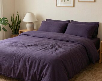 Dark Purple Linen Duvet Cover Set, Stonewashed linen Bedding