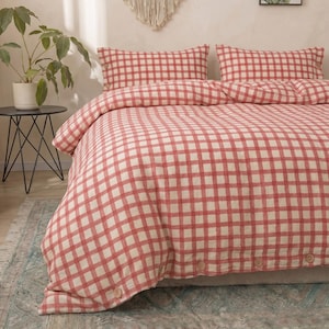 Organic Natural 100% Linen Duvet Comforter Cover available in various colors and custom sizes with buttons Red Gingham Linen Duvet Cover Set