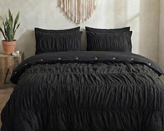 Full Black 100% Cotton Wrinkle Duvet Cover Boho King Queen Full Duvet Cover Cozy Bedding Dorm Bedding Comforter Cover, Bohemian Duvet Cover