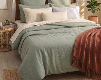 Washed Linen Duvet Cover Sage Green Queen, King, and other sizes Pure European linen Button Closure Valentines day Anniversary Gift For Her