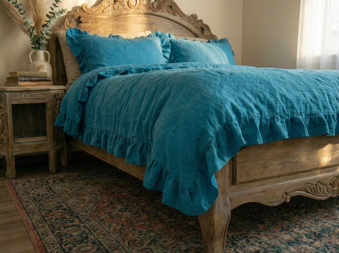 Teal Blue Ruffled 100% Linen Duvet Cover Set With Ruffles Comforter ...