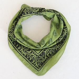 Hand Block Print Cotton Bandana: Bohemian Neck Scarf, Moss Green