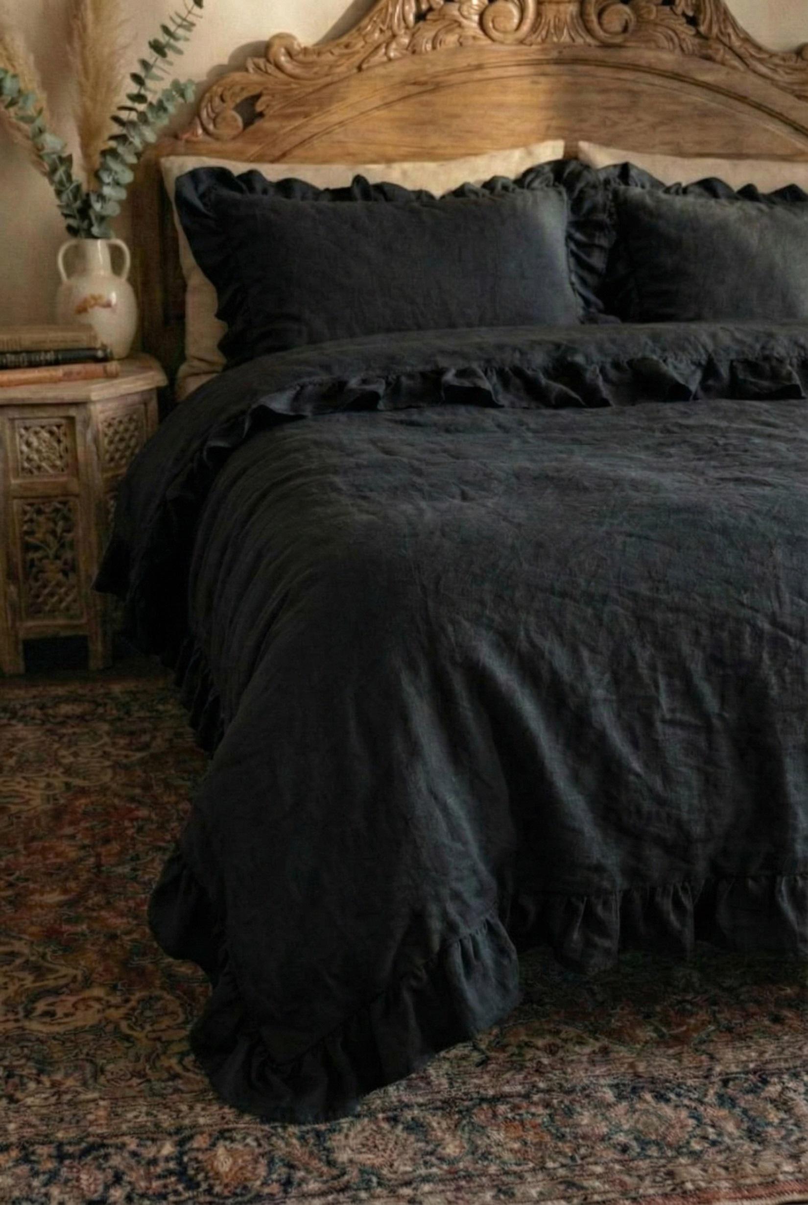 Full Black Ruffled 100% Linen Duvet Cover Set Ruffles Comforter Cover ...