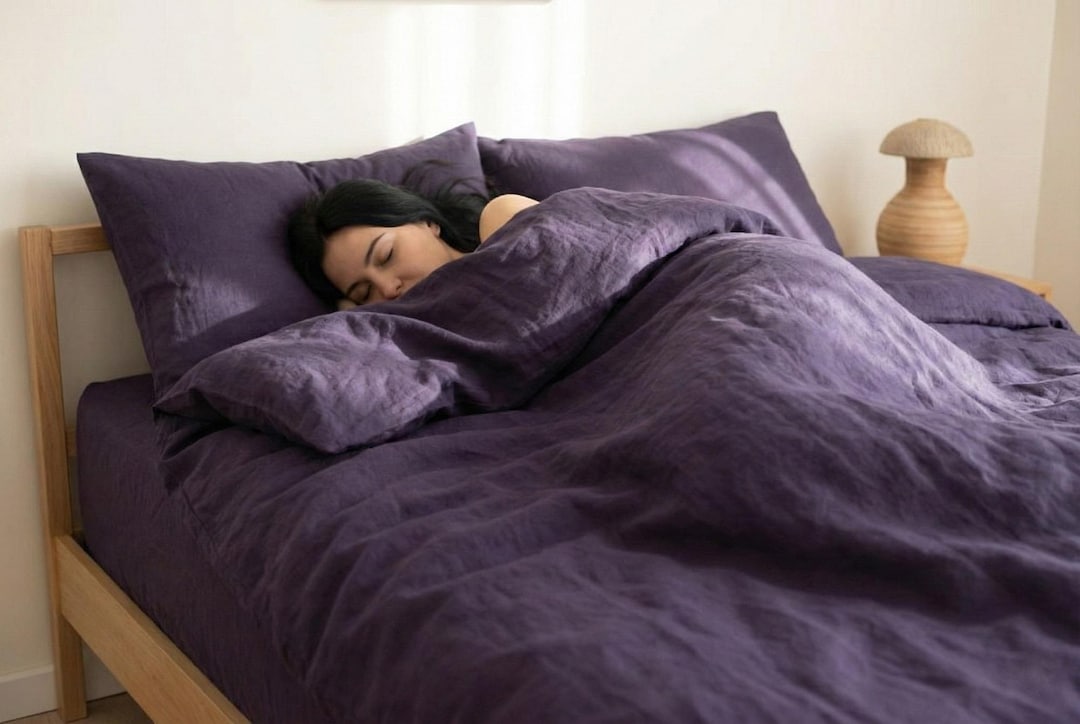 Linen Bedding Set in Dark Purple Soft Washed Bedding With Coconut ...