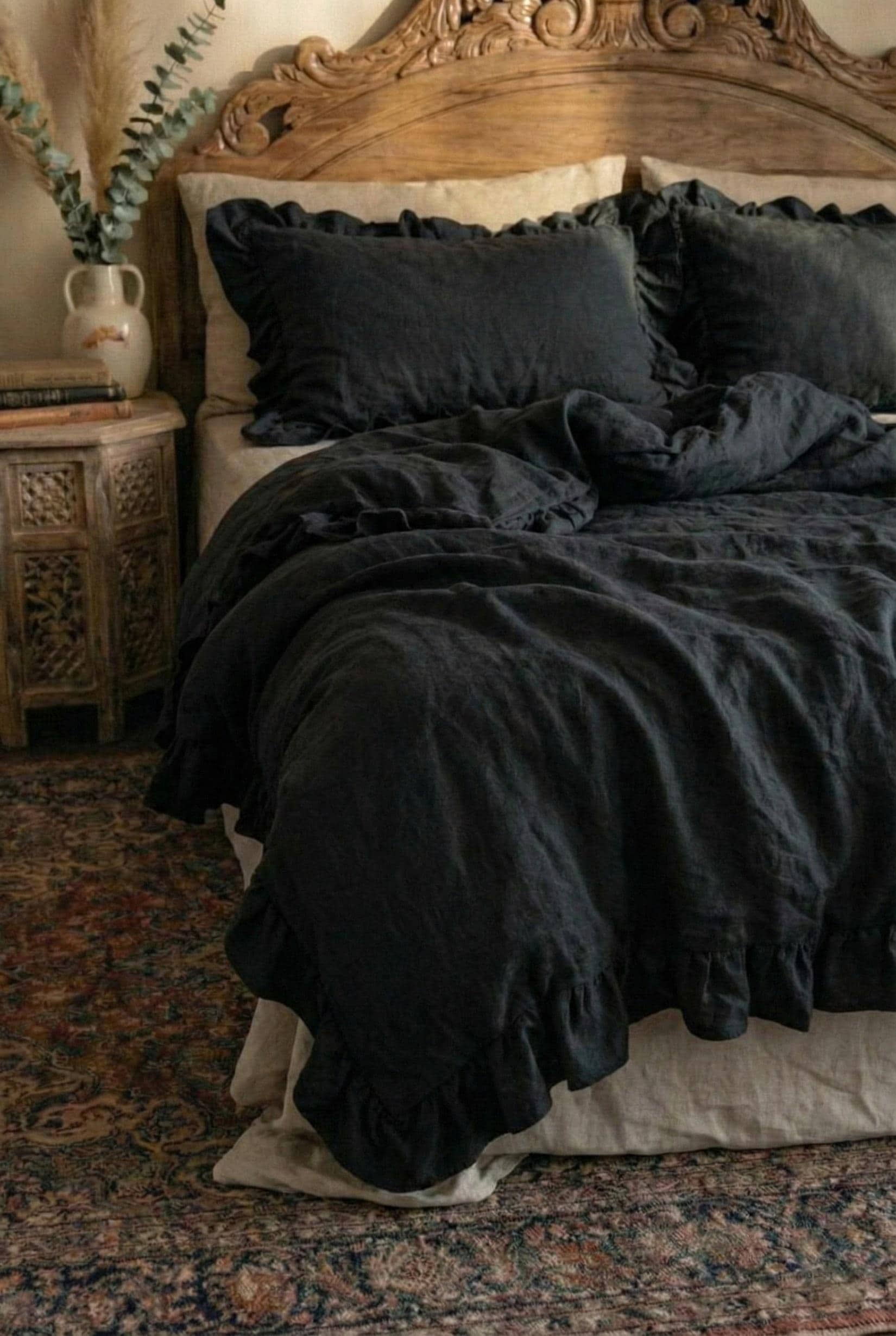 Full Black Ruffled 100% Linen Duvet Cover Set Ruffles Comforter Cover ...