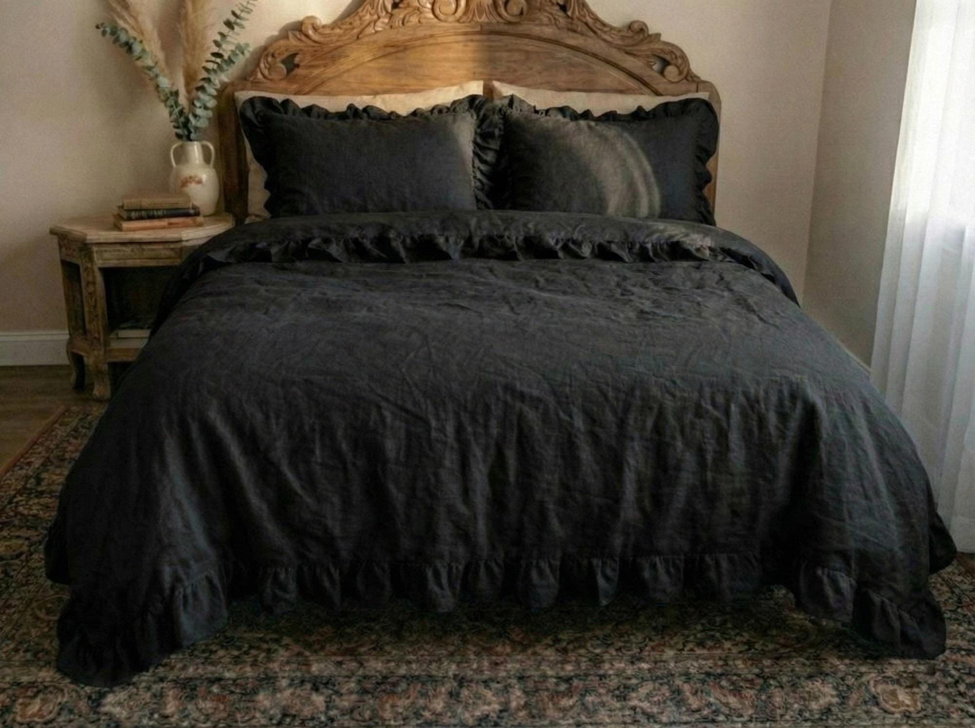 Full Black Ruffled 100% Linen Duvet Cover Set Ruffles Comforter Cover ...