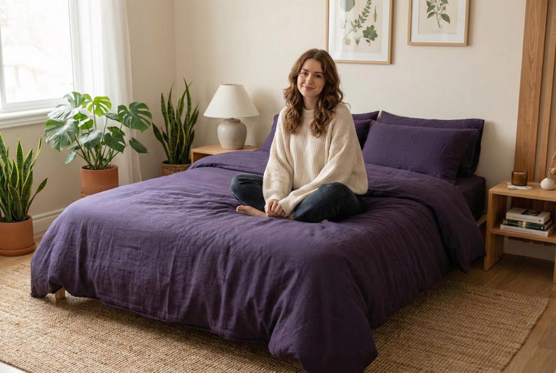Linen Bedding Set in Dark Purple Soft Washed Bedding With Coconut ...