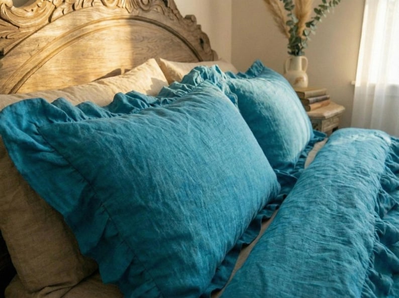 Teal Blue Ruffled 100% Linen Duvet Cover Set With Ruffles Comforter ...