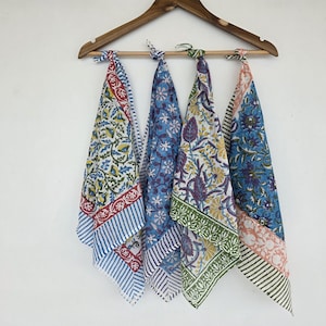 Boho Block Print Cotton Bandana Set: Bohemian Neck Scarf, Handkerchief